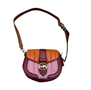 Coach Georgie Saddle Bag Burgundy,Tan, Pink Colorblock Crossbody Bag